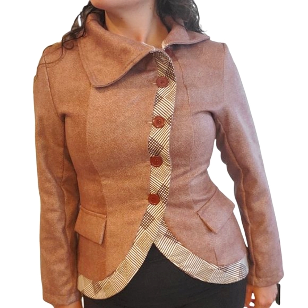 MISSLOOK Brown Plaid Trim Blazer